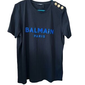 NWT Balmain black t-shirt with blue silicon logo and gold butttons women XL